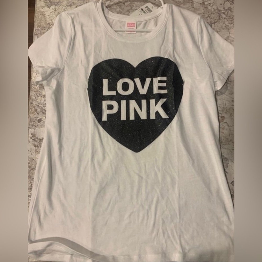 VS PINK ORIGINALS SHINE SHORT SLEEVE PERFECT TEE SHIRT HEART LARGE NWT